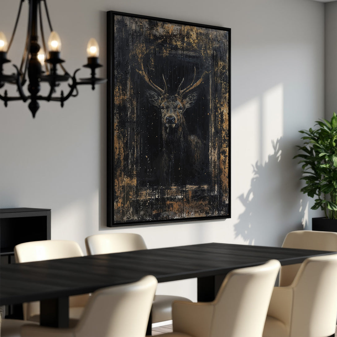 Framed Wall Art: Majestic stag canvas print in a modern, abstract style with a dramatic black and gold color palette. Elevate your dining room decor.
