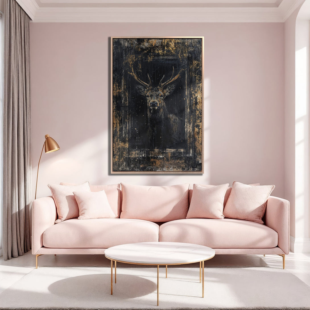 Framed Wall Art: Majestic stag portrait in black and gold abstract style. Adds a touch of luxury to any space with a pink and gold color palette.