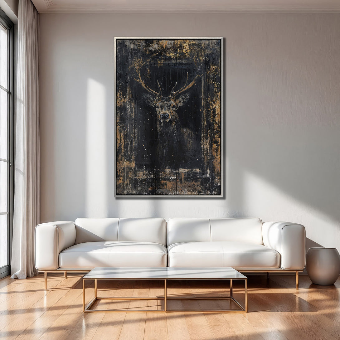 Framed Wall Art: Abstract deer portrait in black and gold. Modern style Canvas Print adds a touch of luxury to any interior space.