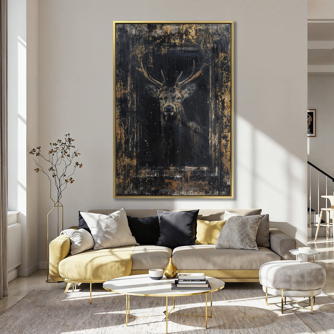 Framed Wall Art: Majestic stag canvas print in a modern, abstract style with a black and gold color palette. Perfect for adding a touch of elegance to your home.