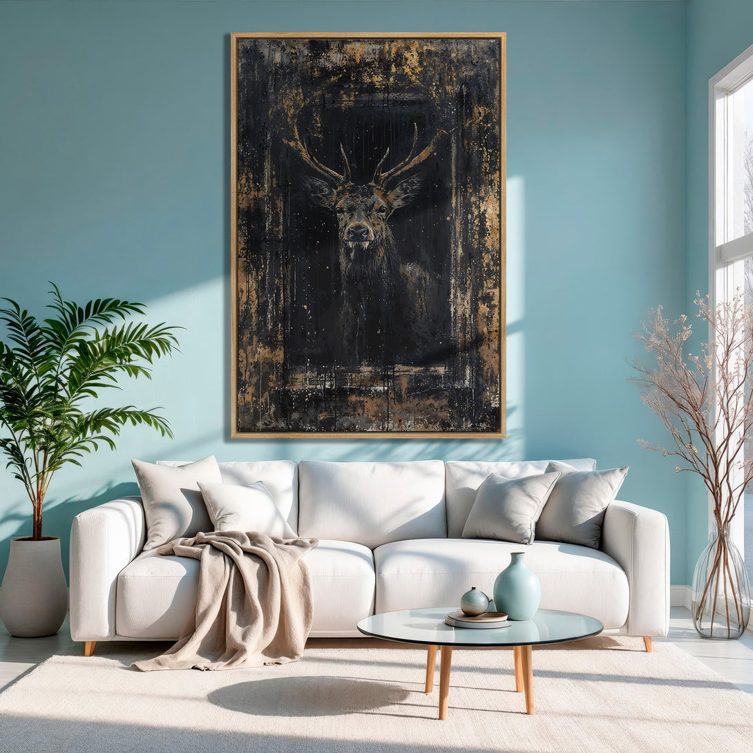 Framed Wall Art featuring a majestic stag in black and gold abstract style. Perfect for adding a touch of modern elegance to your home, with a teal and neutral color palette.