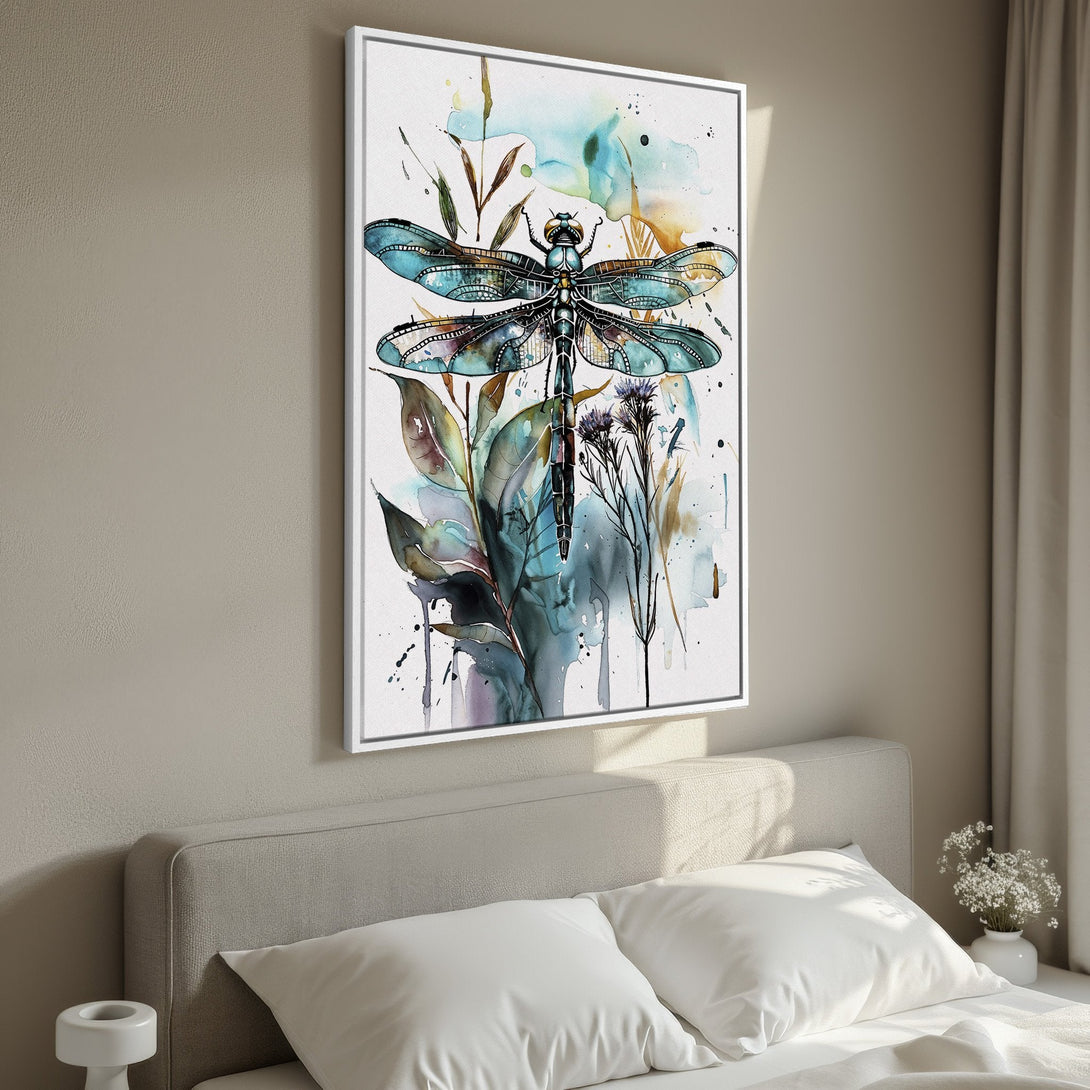 Framed Wall Art: Watercolor dragonfly print in teal and gold hues, adding a touch of nature-inspired elegance to any space. Perfect for bedroom decor.