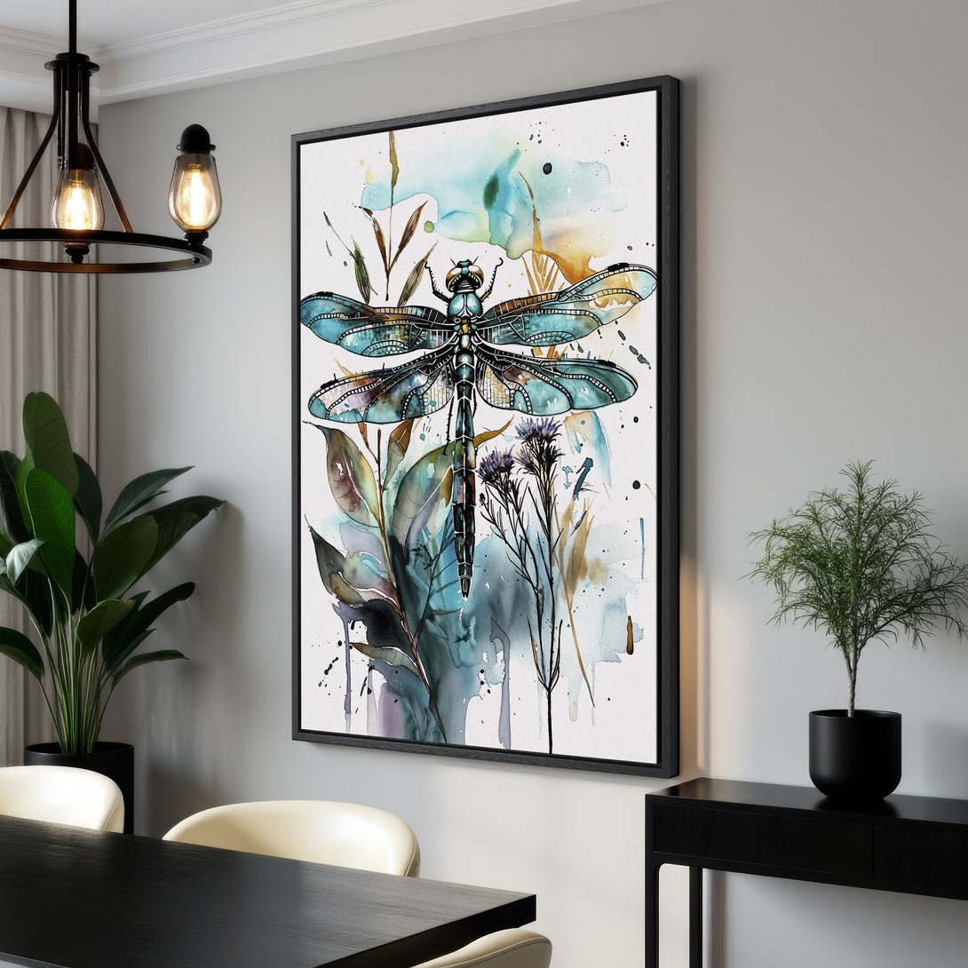 Framed Wall Art: Watercolor dragonfly print in blue and teal hues. Modern art for living room or bedroom. Shop canvas art today!
