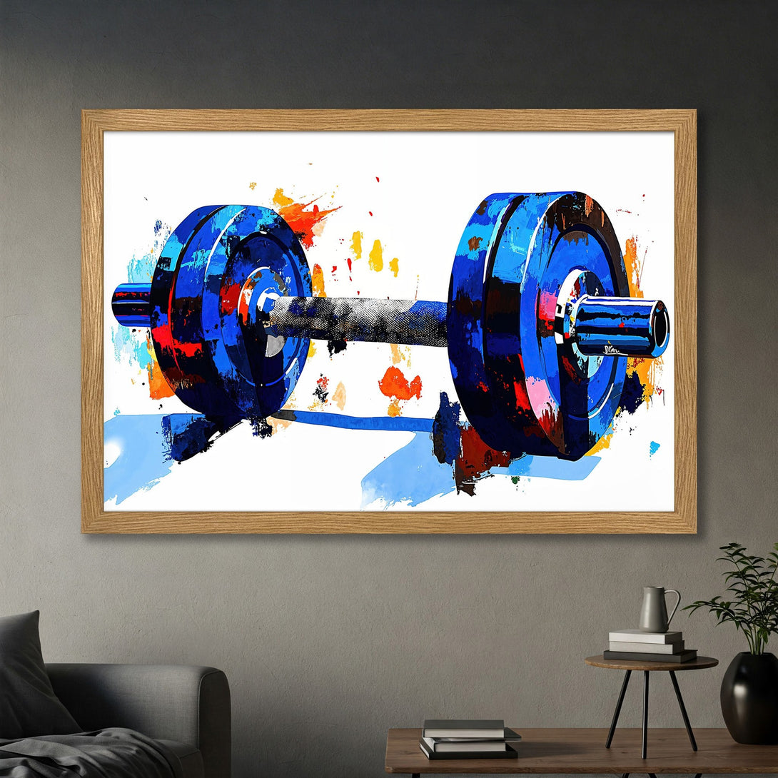 Framed Poster of a blue dumbbell in an abstract style, perfect for gym decor. Features a vibrant blue, red, and orange color palette.
