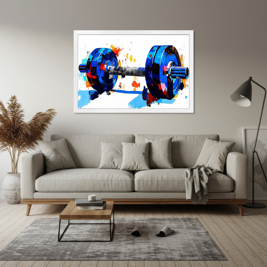Framed Poster featuring a vibrant, abstract barbell design in blue, orange, and black. Perfect gym decor!