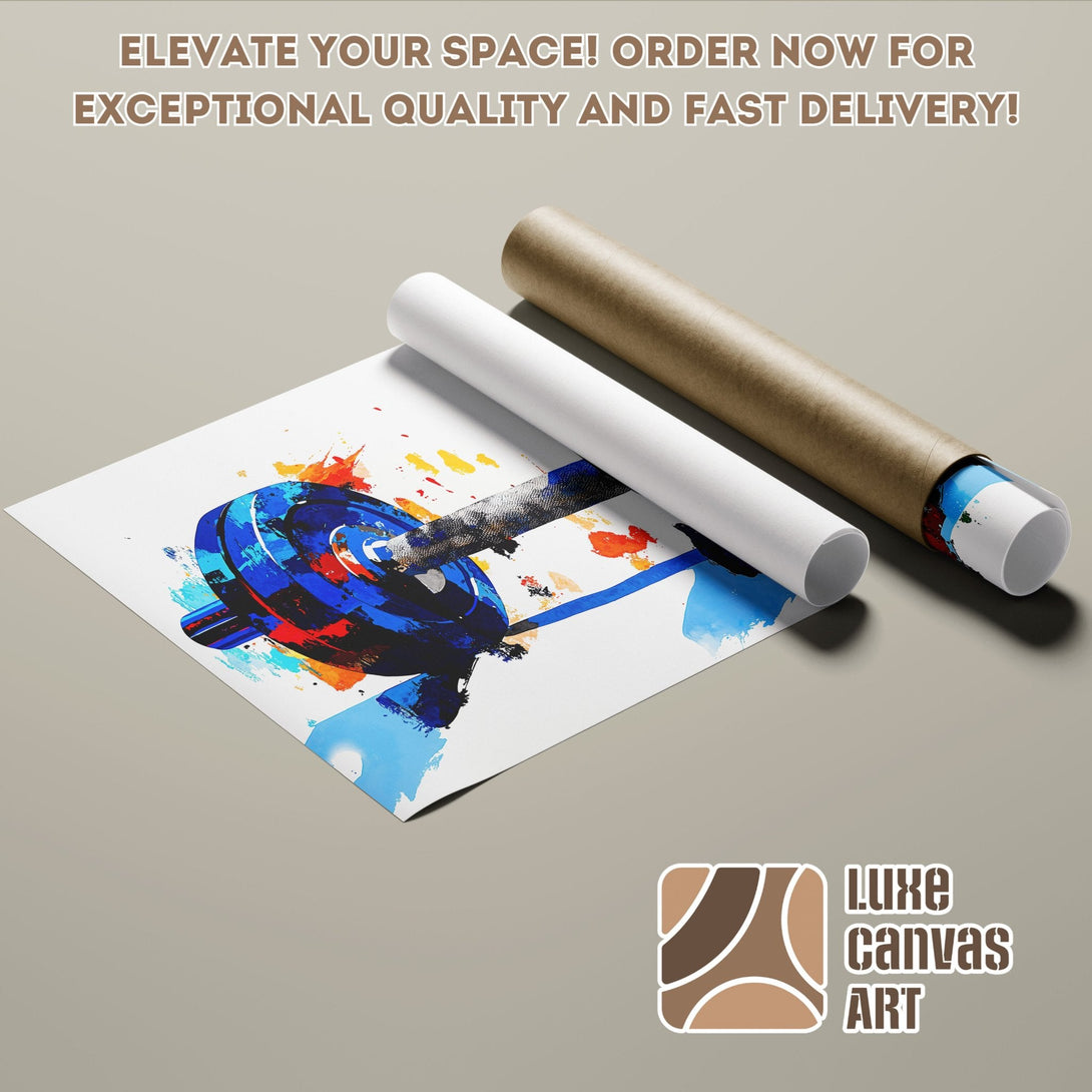 Abstract barbell poster roll in blue, red, and orange. Elevate your space with this stylish Poster!