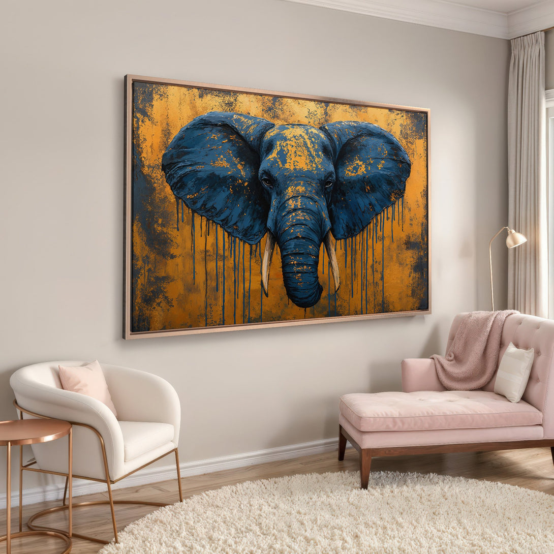 Framed Wall Art: Abstract elephant portrait in blue and gold. Modern canvas print adds a touch of luxury to any interior with its warm color palette.