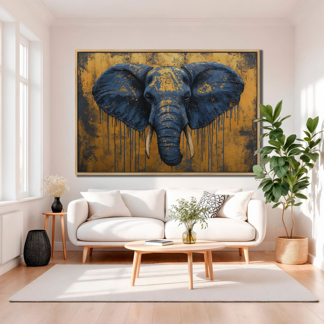 Framed Wall Art: Stunning blue elephant portrait on gold background. Modern Canvas Print adds a bold statement to living room decor. Rich color palette.