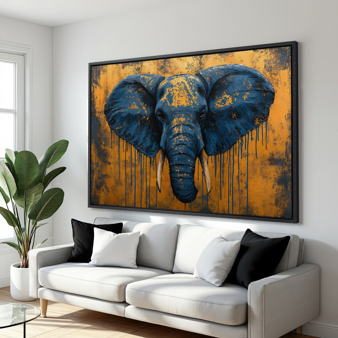 Framed Wall Art: Abstract elephant portrait in blue and gold. Modern art canvas print, perfect for adding a bold statement to your living room decor.