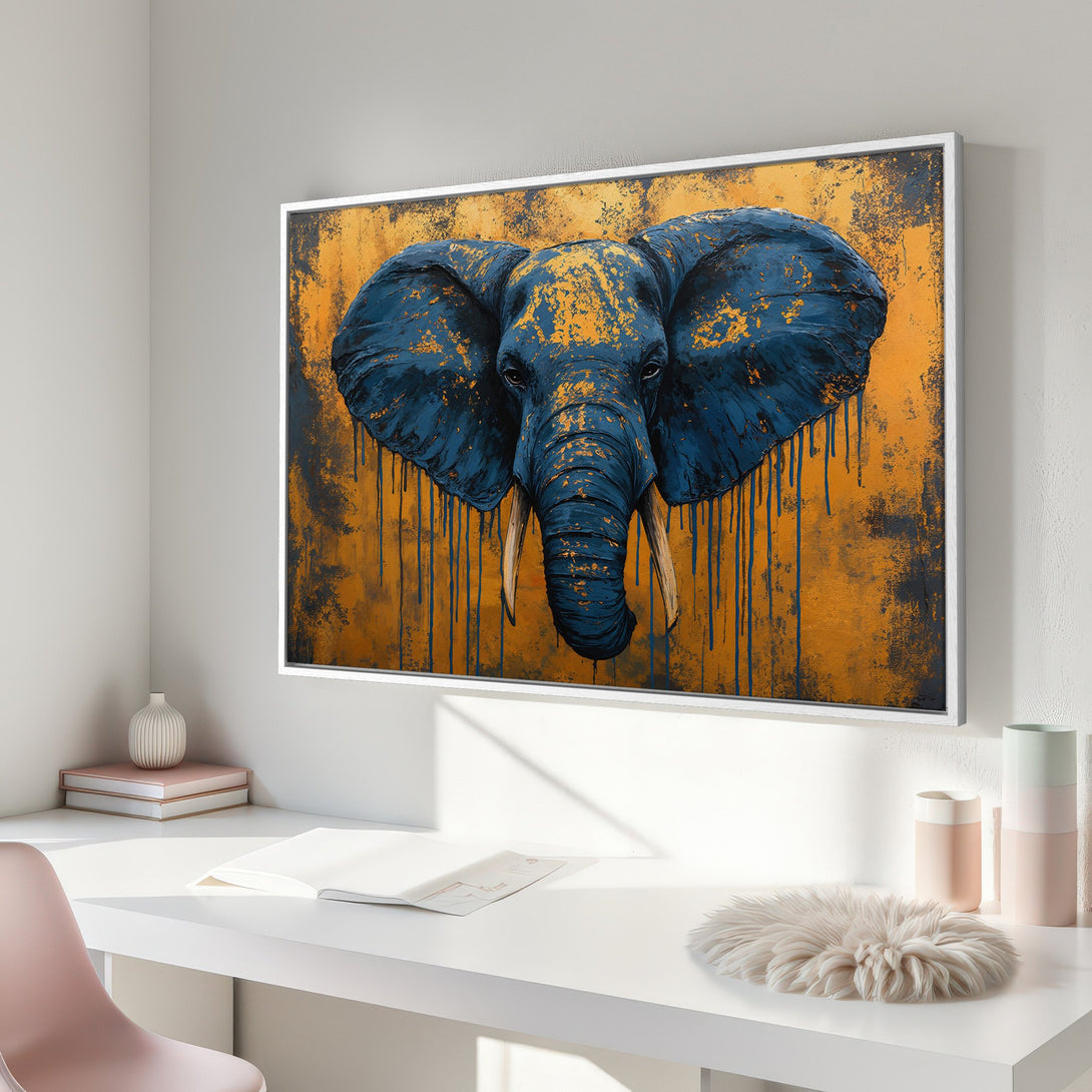 Framed Wall Art: Abstract elephant portrait in blue and gold. Modern canvas print, perfect for adding a touch of art to your home decor.