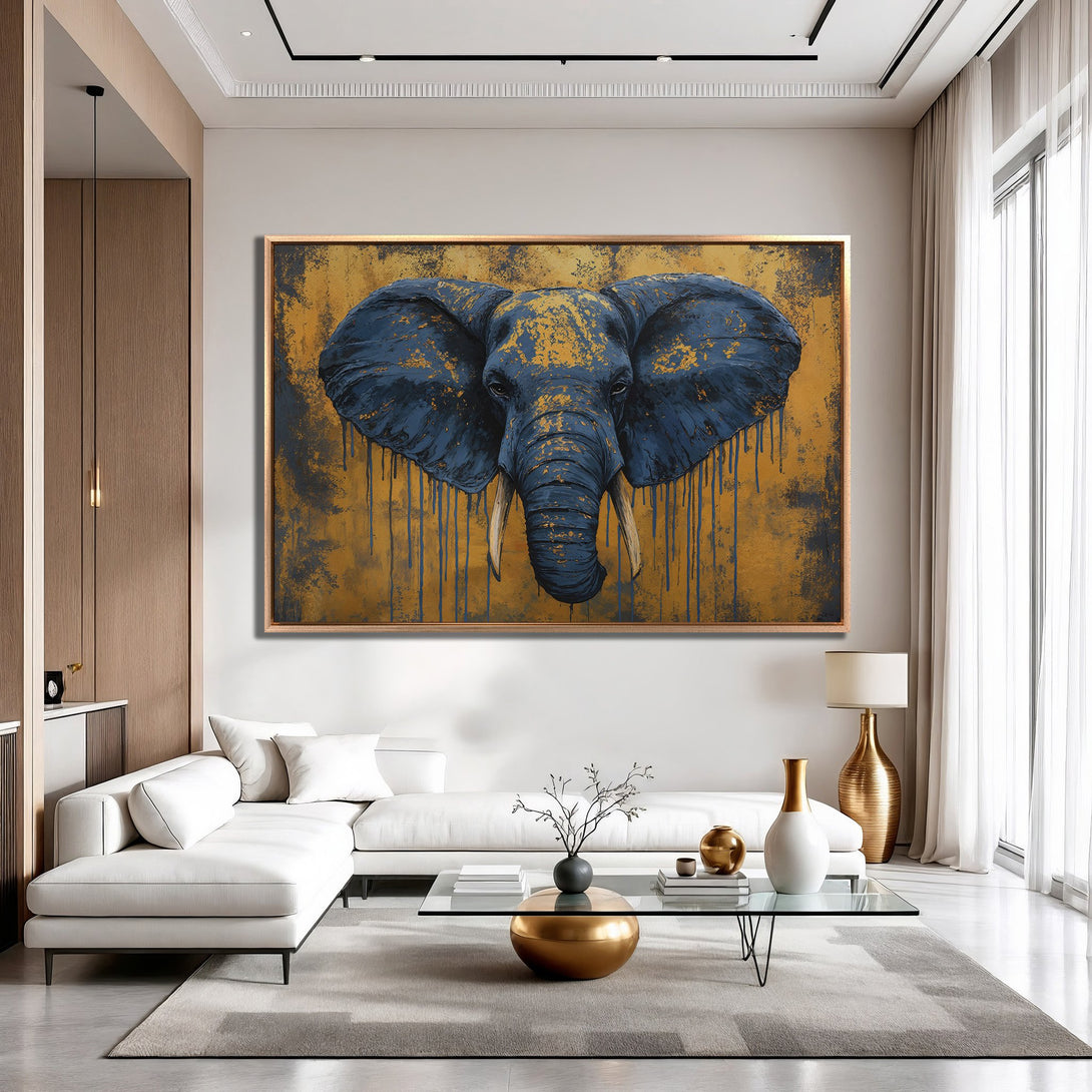 Framed Wall Art: Majestic elephant portrait in blue and gold, modern abstract style. Adds luxury to any interior. Shop now!
