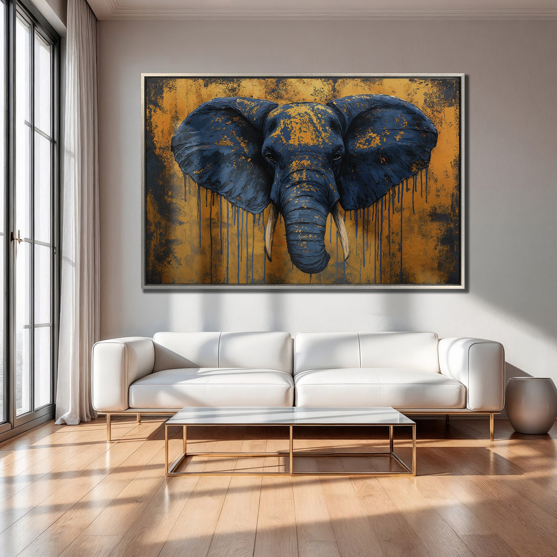 Framed Wall Art: Majestic elephant portrait in blue and gold, adding a touch of modern art to any interior. Elevate your space with this stunning canvas print.