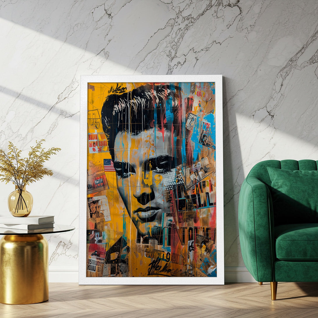 Framed Poster of Elvis Presley in Pop Art style, featuring a vibrant yellow, blue, and red color palette. Perfect wall art!