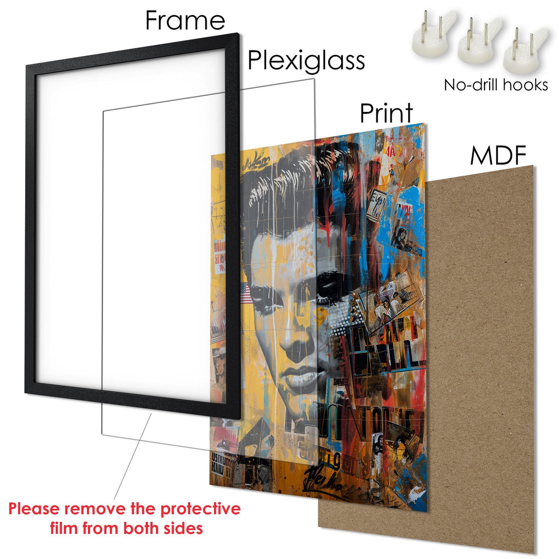Framed Poster featuring Elvis Presley in a vibrant, modern art style with a yellow, blue, and black color palette. Ready to hang!