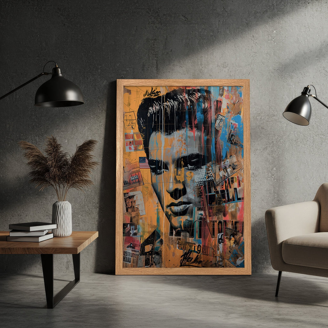 Framed Poster featuring Elvis Presley in a vibrant, abstract style with a warm color palette. Perfect wall art for music lovers!