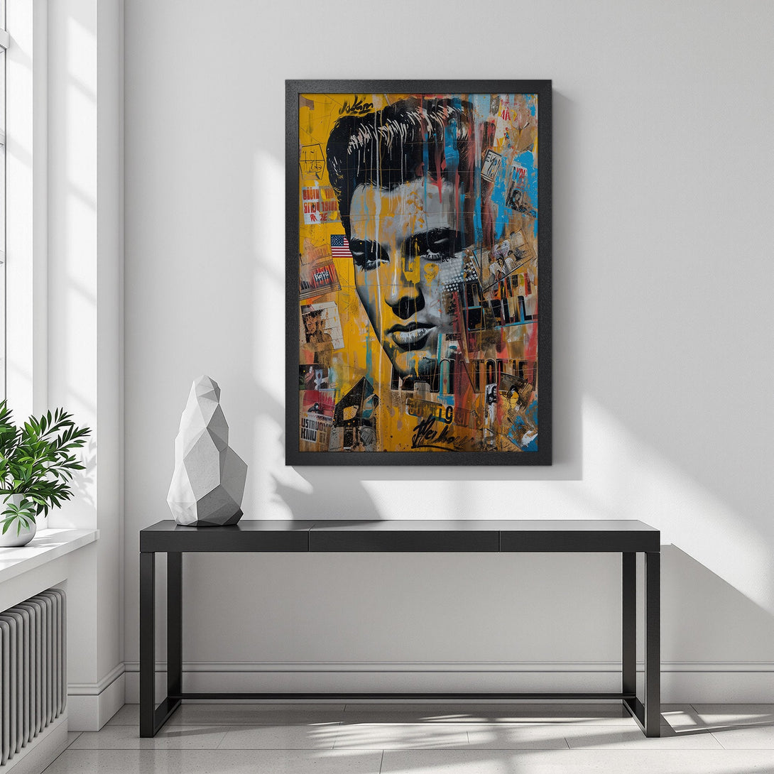 Framed Poster featuring Elvis Presley portrait, pop art style, with a yellow, blue, and black color palette.