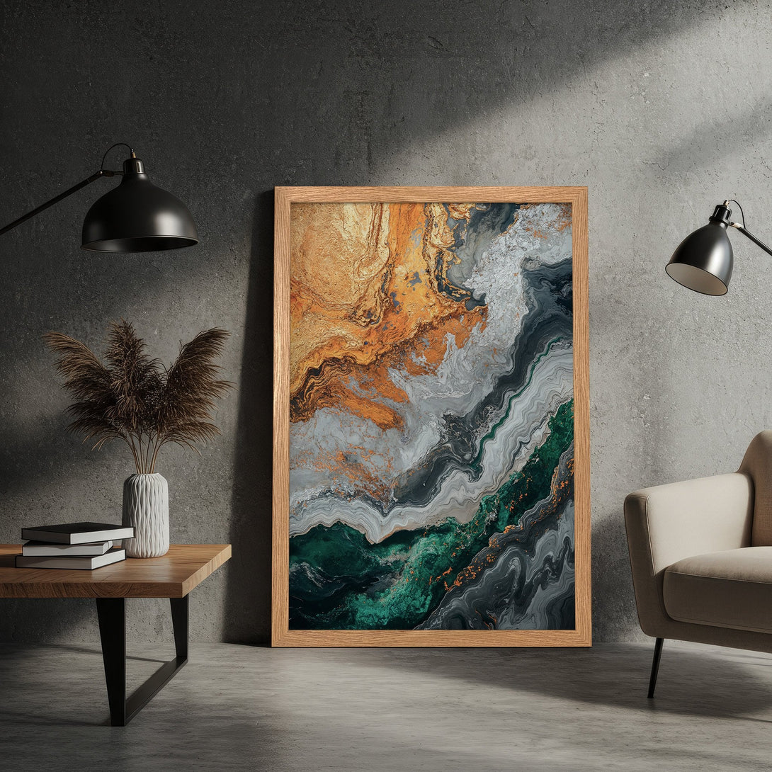 Framed Poster featuring abstract art with gold, green, and gray tones. Modern wall art for home decor.