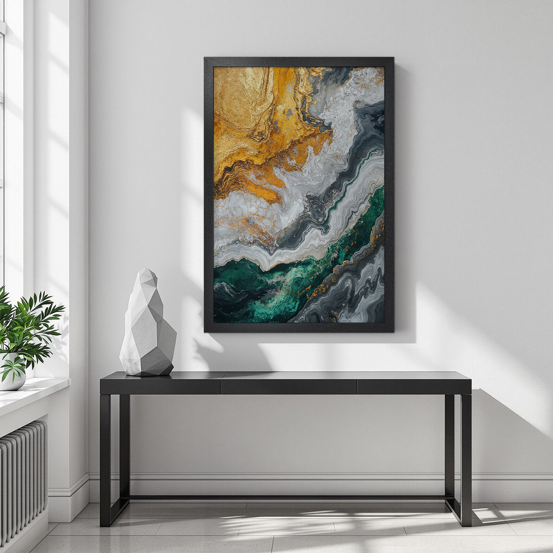 Framed Poster featuring abstract art with gold, green, and gray tones. Modern style wall art for home decor.