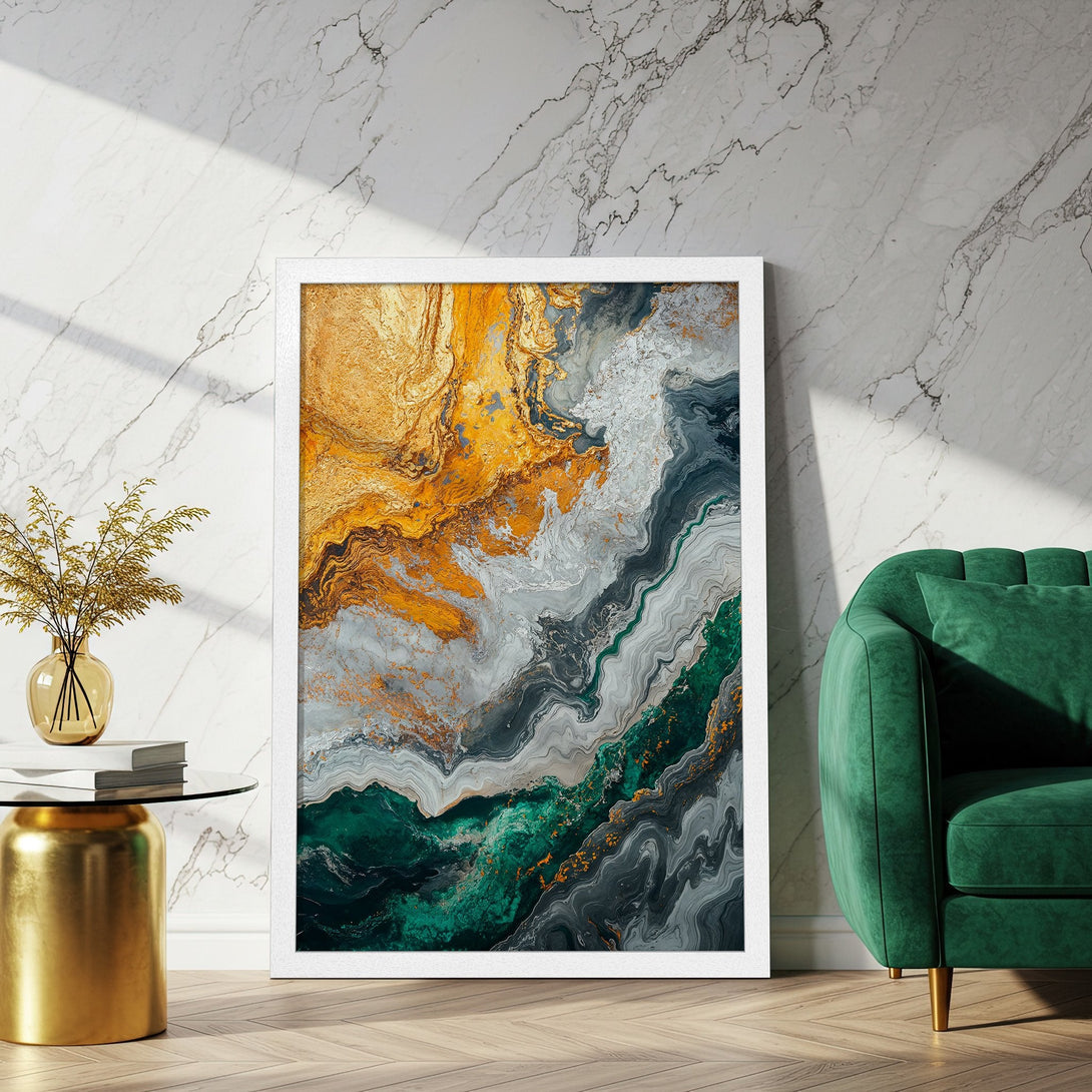 Framed Poster featuring an abstract design with gold, green, and grey tones. Stylish art print for modern home decor.