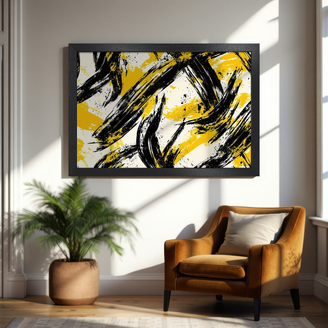 Framed Poster featuring abstract brushstroke art in black and yellow. Modern wall decor for your home.