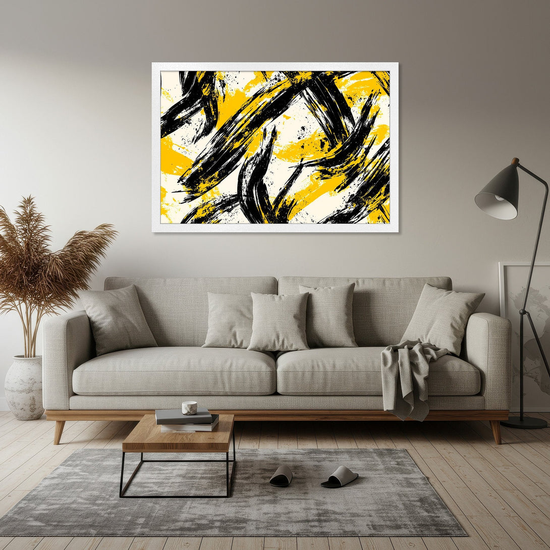 Framed Poster featuring abstract brushstrokes in black and yellow on a neutral background. Modern art for home decor.