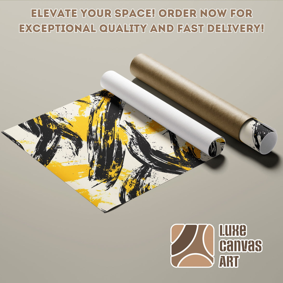 Abstract art Poster Roll with black, yellow, and cream brushstrokes. Elevate your space with Luxe Canvas Art!