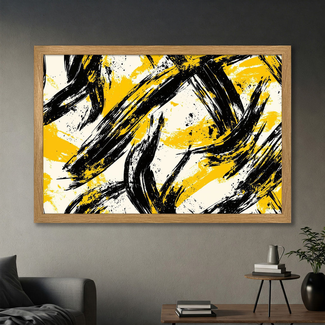 Framed Poster featuring abstract brushstrokes in yellow and black on a cream background. Modern art print for home decor.