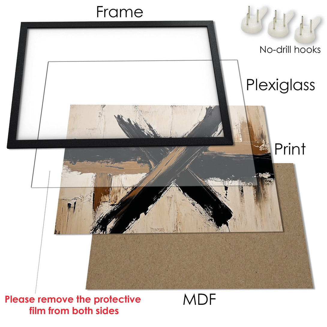 Framed Poster: Abstract art print with black, beige, and brown color palette. Modern style, ready to hang.