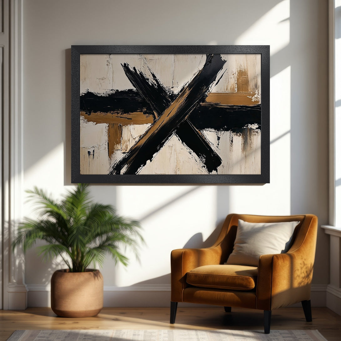 Framed Poster featuring abstract black and gold brushstrokes on a neutral background. Modern art style, perfect for home decor.