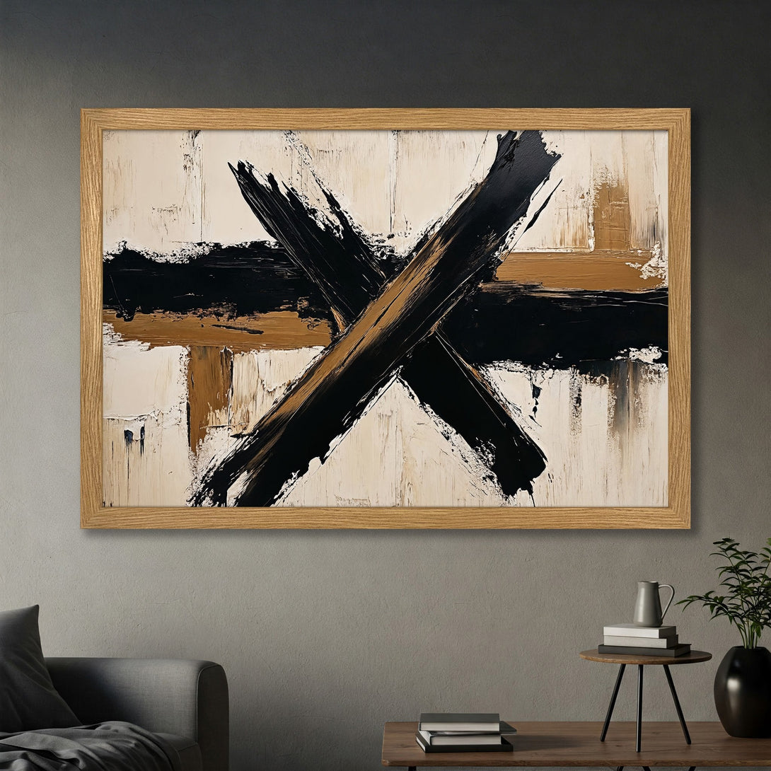 Framed Poster featuring abstract black & gold brushstrokes on a white background. Modern art print for stylish home decor.