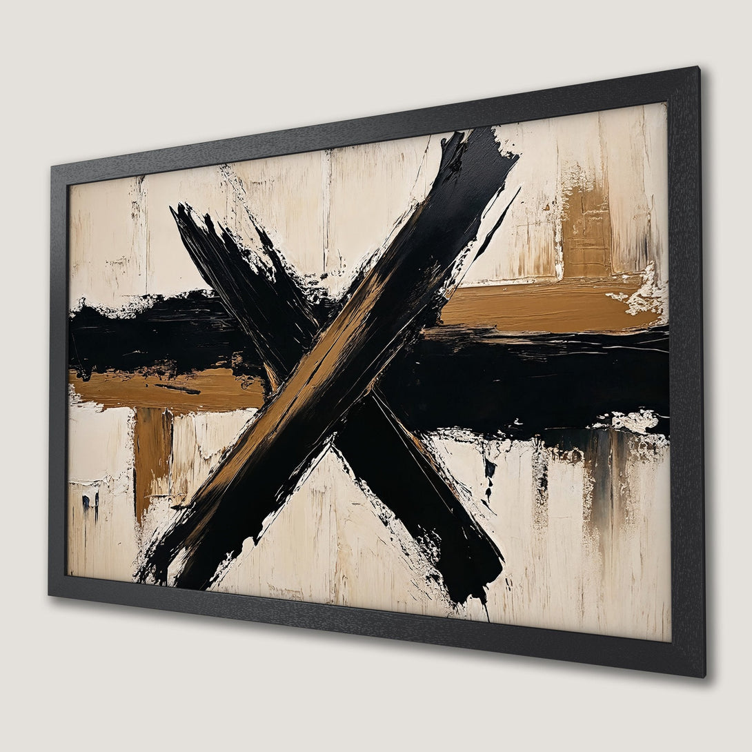 Framed Poster: Abstract art with black, gold, and cream brushstrokes. Modern wall decor for your home.