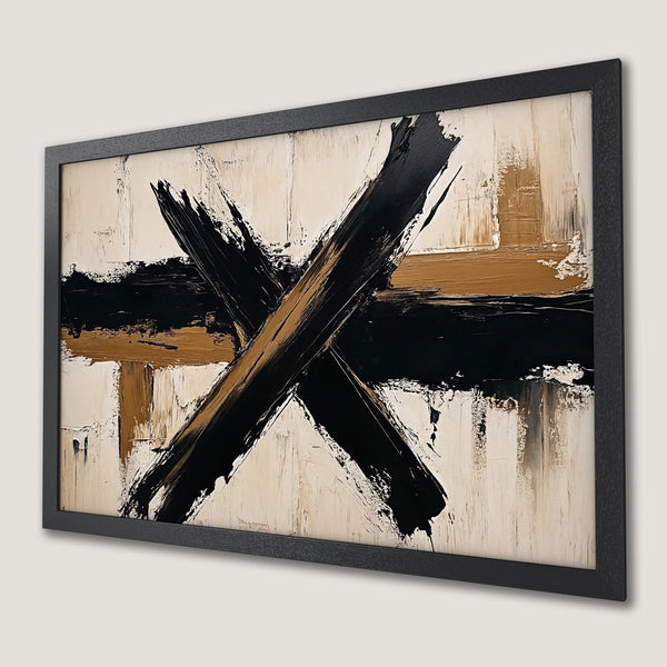 Framed Poster: Abstract art with black, gold, and cream brushstrokes. Modern wall decor for your home.