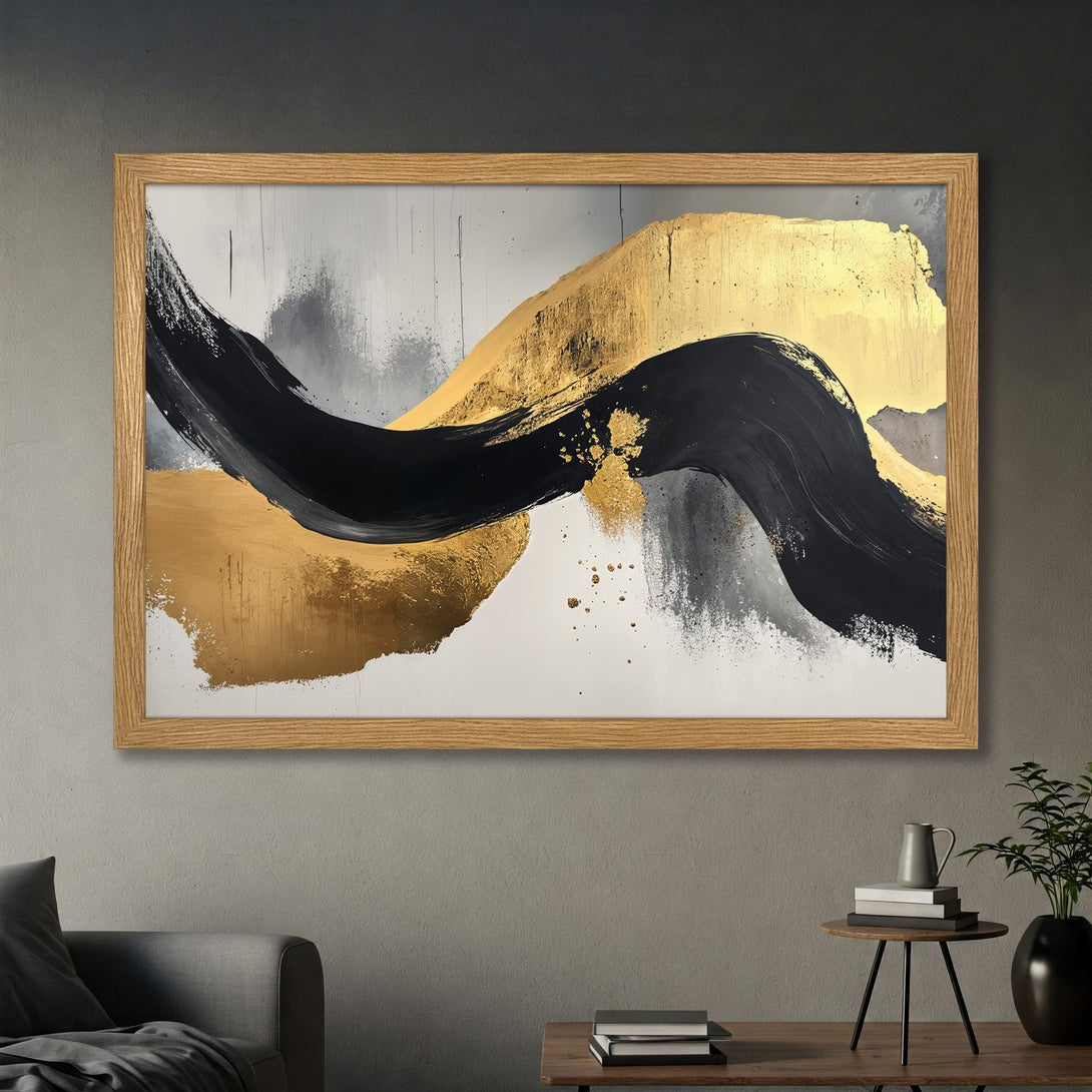 Framed Poster featuring abstract gold and black brushstrokes on a neutral background. Modern art print for home decor.