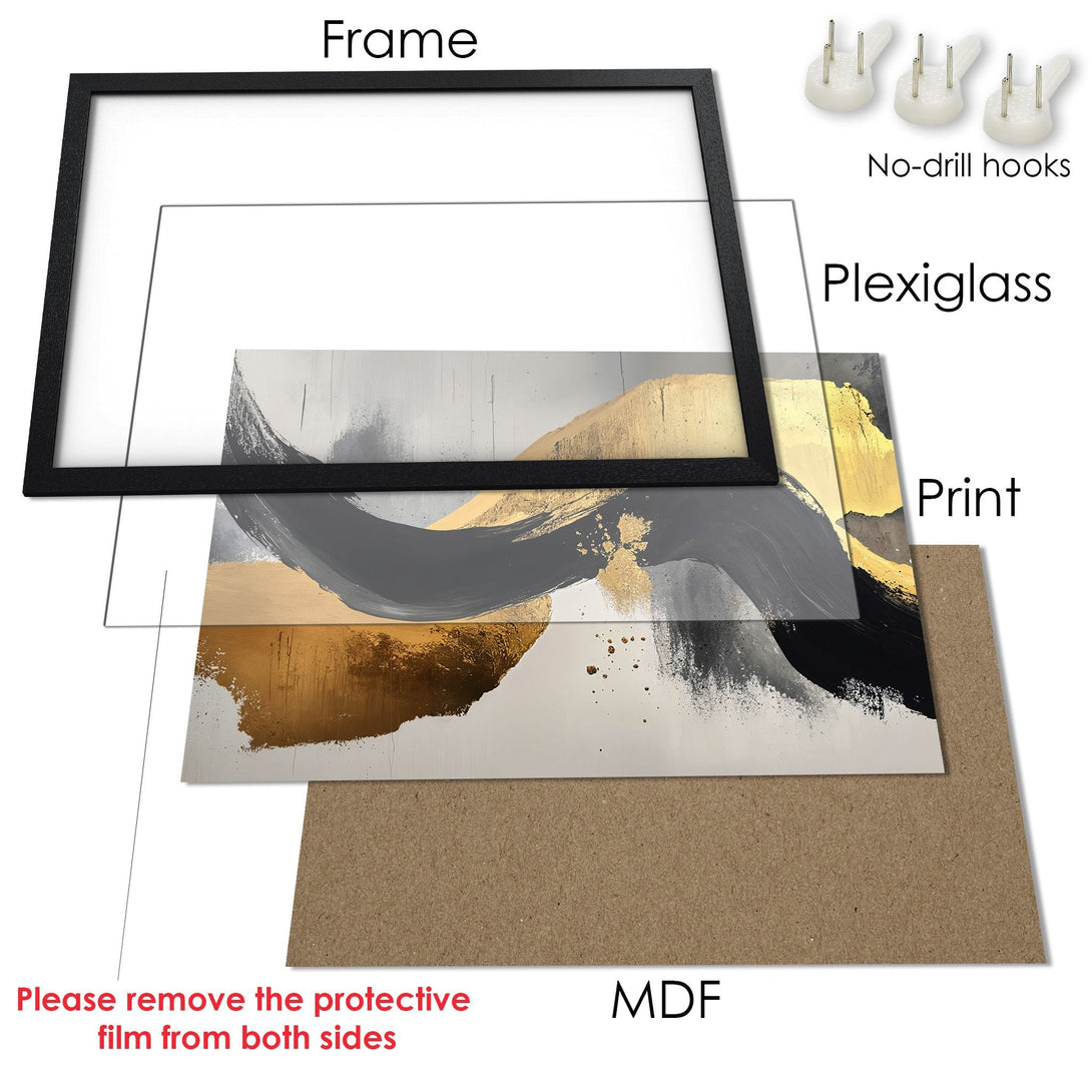 Framed Poster featuring abstract art in gold, gray, and black. Modern art print ready to hang.
