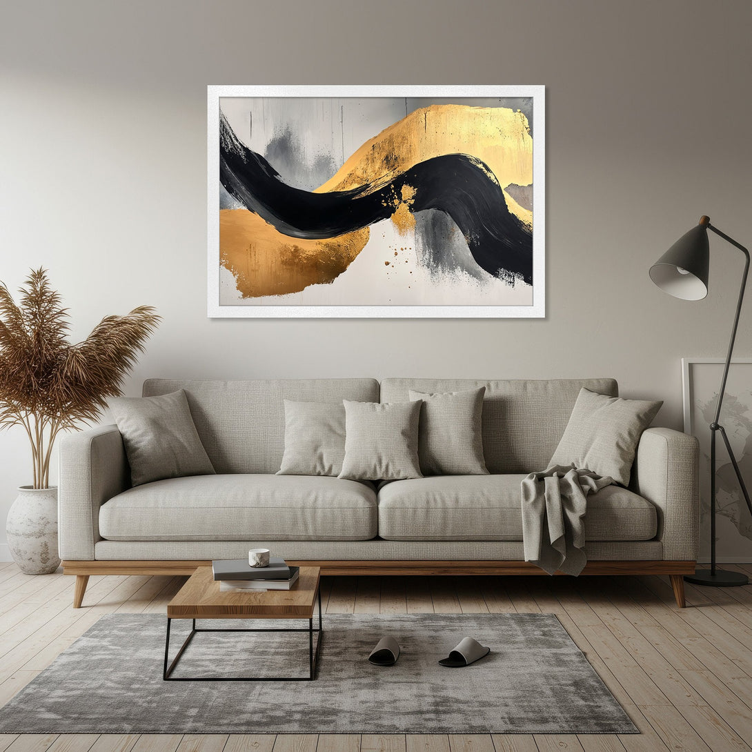 Framed Poster featuring abstract gold and black brushstrokes, modern art style, neutral color palette for home decor.