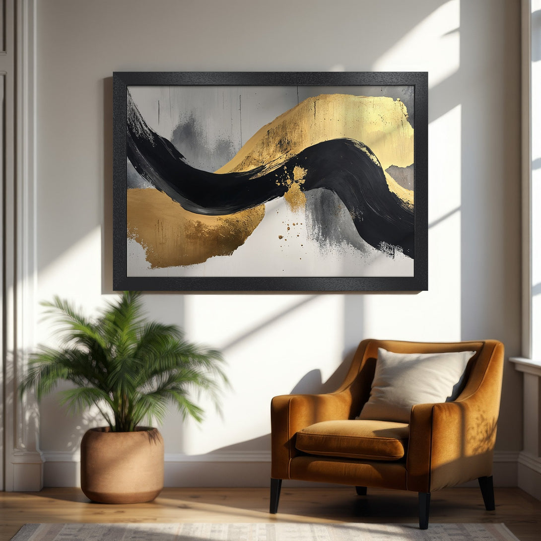Framed Poster featuring abstract gold and black brushstrokes. Modern art print with a neutral color palette. Perfect wall decor.
