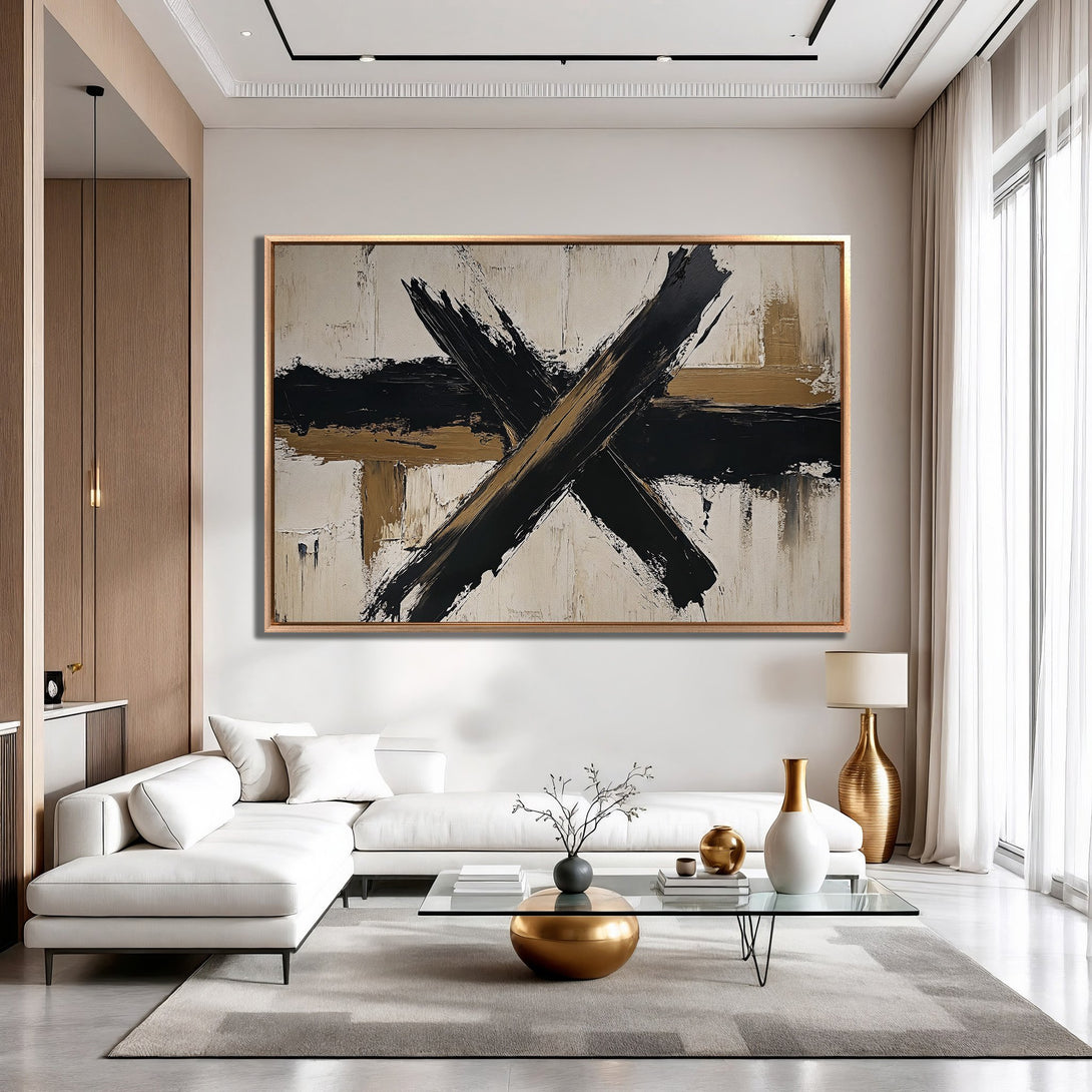 Framed Wall Art: Modern abstract painting in black, gold, and cream tones. Perfect for contemporary living rooms. Add a touch of elegance to your space!