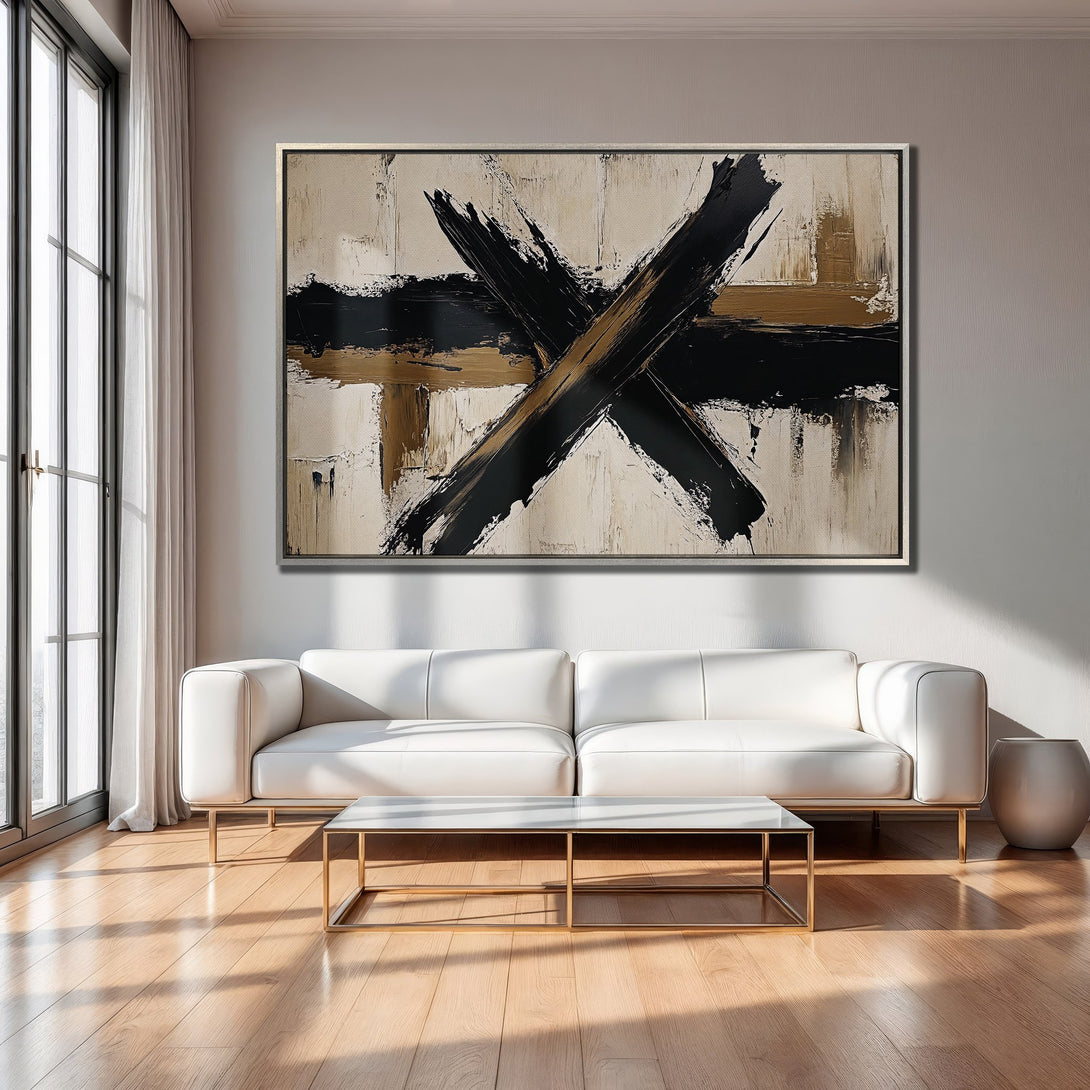 Framed Wall Art: Abstract black & gold brushstroke canvas print. Modern art for your home. Neutral color palette, perfect for any interior.