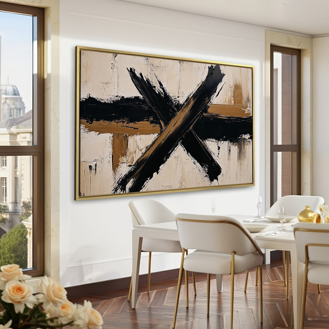 Abstract Canvas Print art in a modern interior. Features black, beige, and gold brushstrokes against a neutral background. Perfect for home decor.