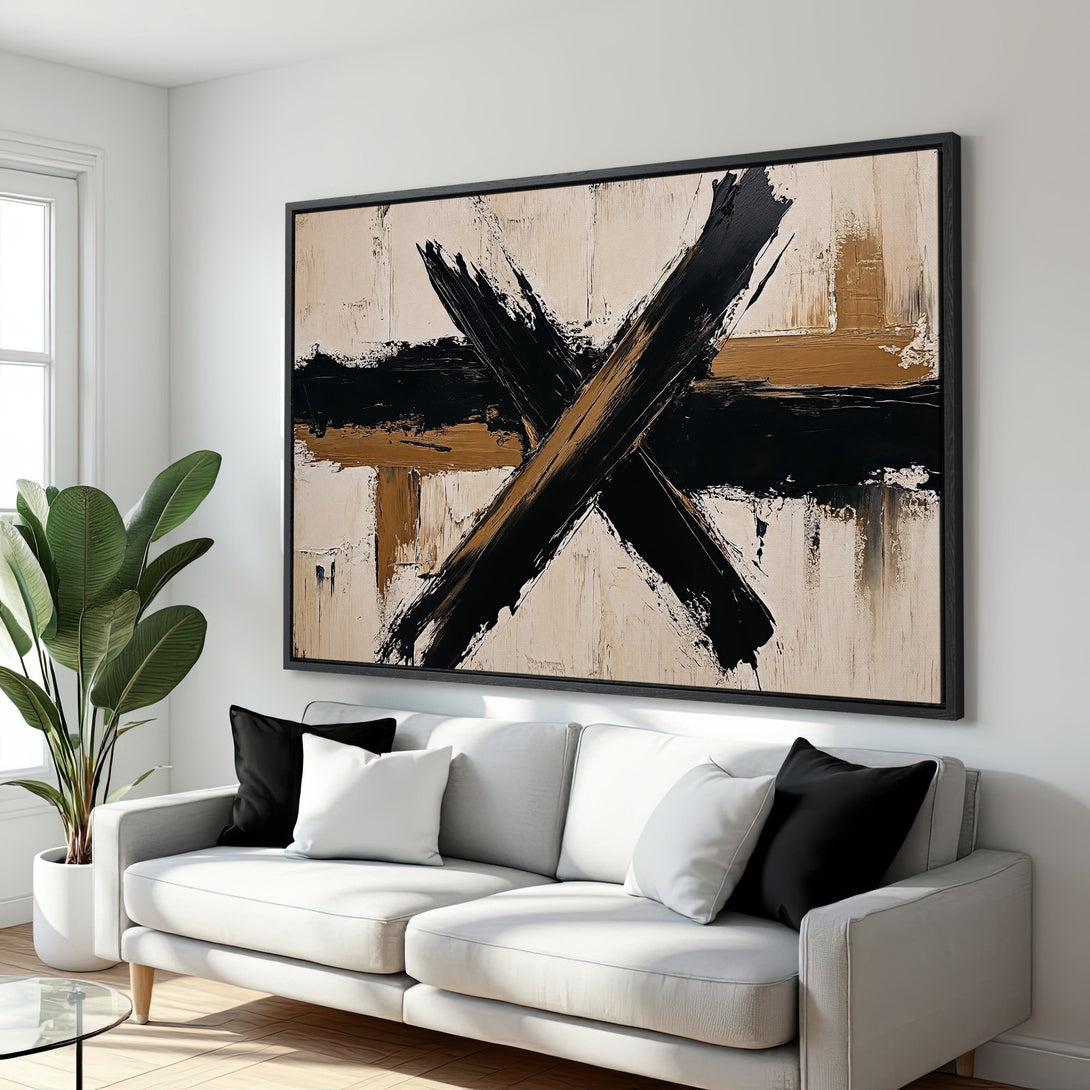 Framed Wall Art: Modern abstract art canvas print with black, gold, and cream palette. Perfect for living room decor. Shop now!