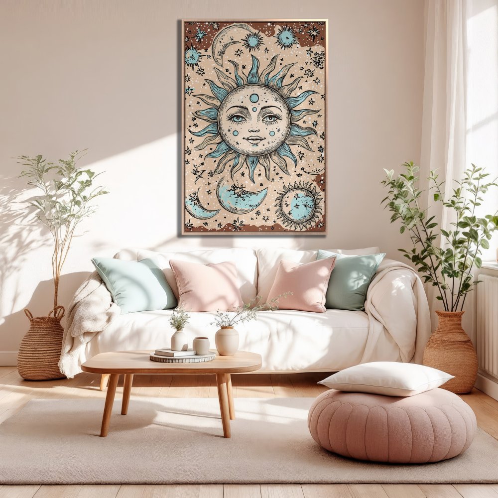 Framed Wall Art featuring a celestial sun and moon design. Boho style, soft blue and beige color palette, perfect for living room decor.