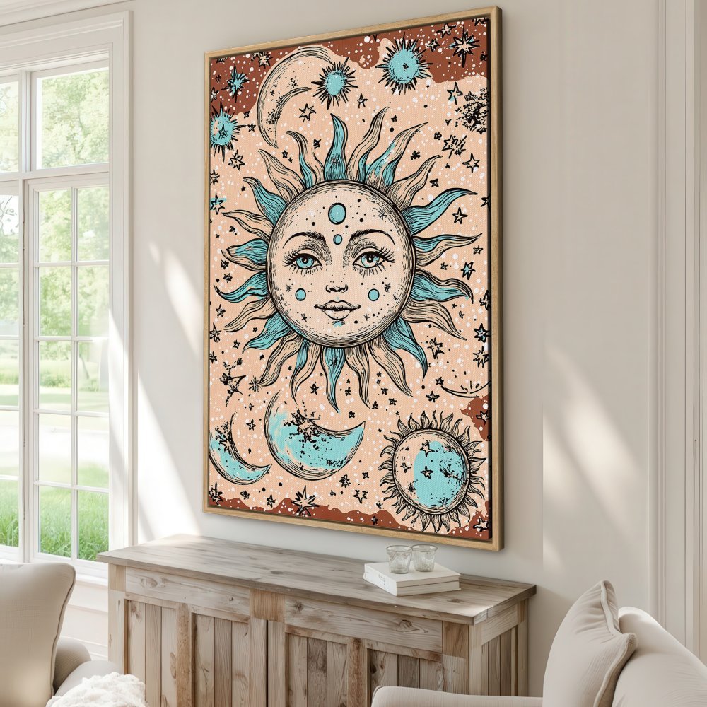 Framed Wall Art: Celestial sun and moon illustration in boho style. Earthy tones with teal accents. Perfect for adding a mystical touch to your decor.