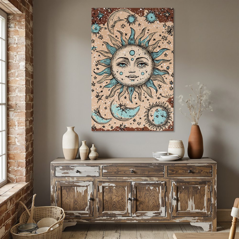 Framed Wall Art: Bohemian sun and moon celestial design in teal and peach tones. Perfect for adding a touch of mystic charm to your dining room.