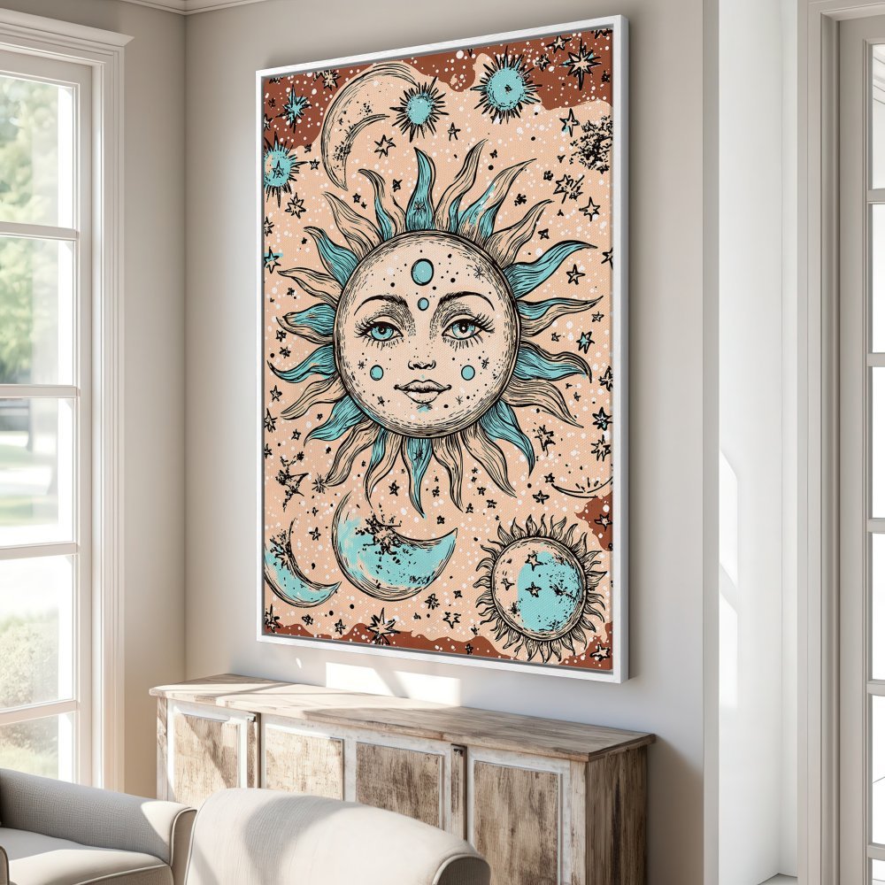 Framed Wall Art: Celestial sun and moon illustration in boho style. Earthy tones with teal accents. Perfect for adding a touch of magic to your space!