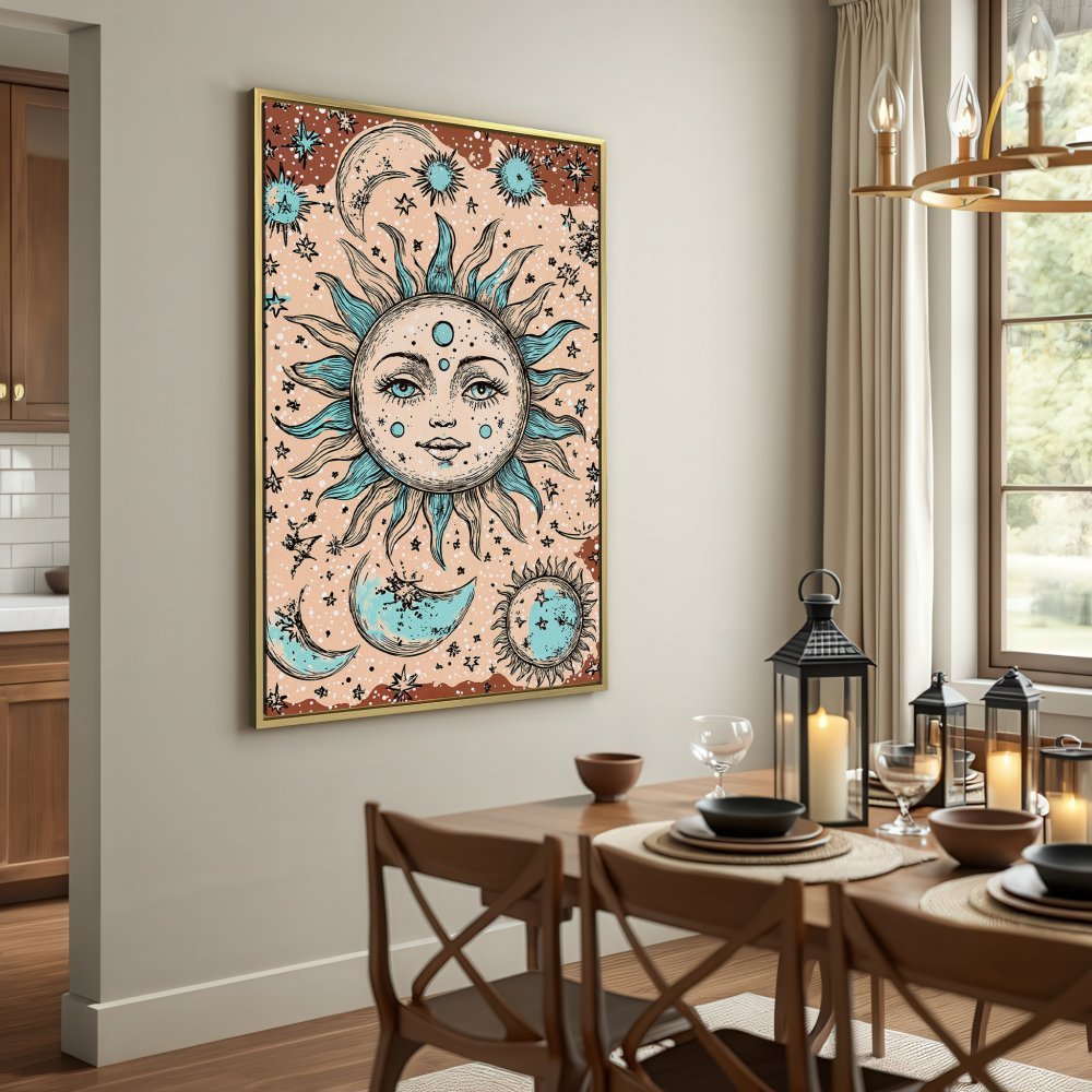 Celestial Canvas Print featuring sun, moon, and stars in a boho style with a neutral and teal color palette. Perfect wall art for any room!