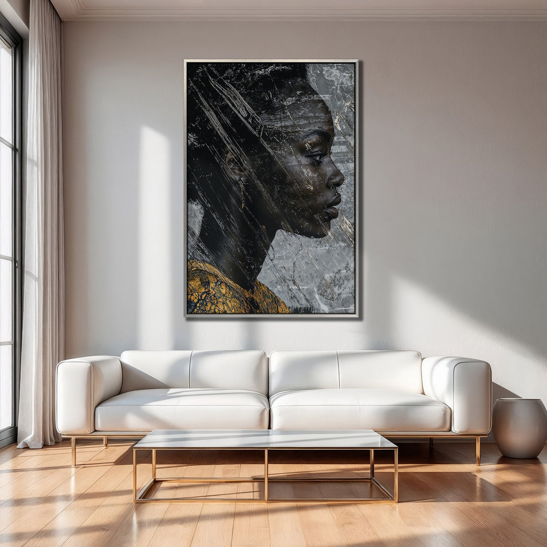 Framed Wall Art featuring a profile portrait in black, gold, and gray tones. Modern abstract art perfect for living room decor.