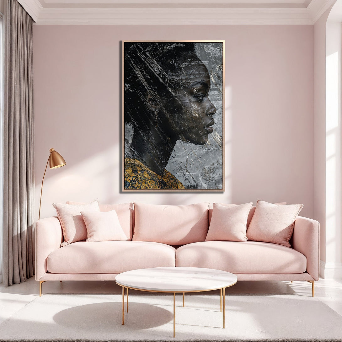 Framed Wall Art featuring an abstract portrait in grayscale and gold hues. Modern art piece with a neutral, elegant color palette, perfect for any interior.