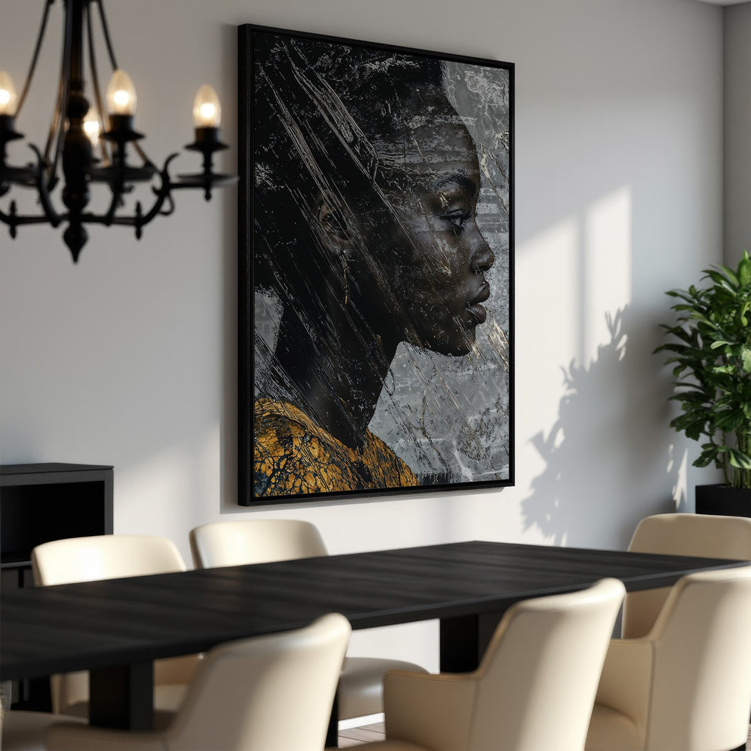 Framed Wall Art featuring a striking black and gold abstract portrait. Modern art canvas print for a sophisticated interior.