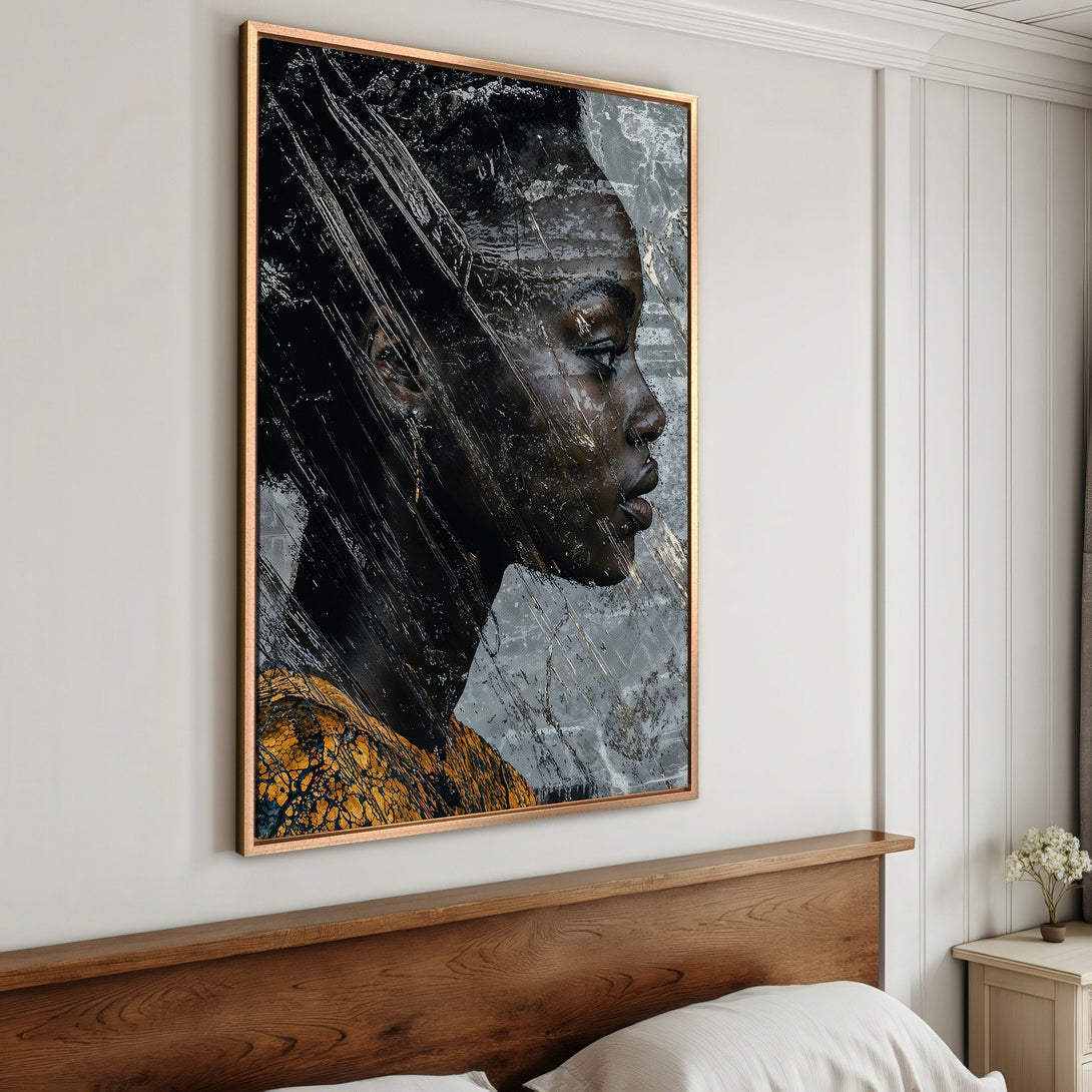 Framed Wall Art featuring a striking portrait in black, gold, and grey. Modern abstract style, perfect for bedroom decor. Shop our Canvas Print collection today!