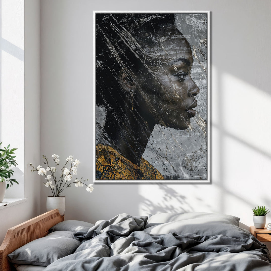 Framed Wall Art featuring a black woman's profile in a modern, abstract style with a grey and gold color palette, perfect for bedroom decor.